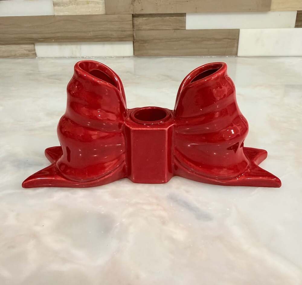 Red Ceramic Bow Taper Candle Holder